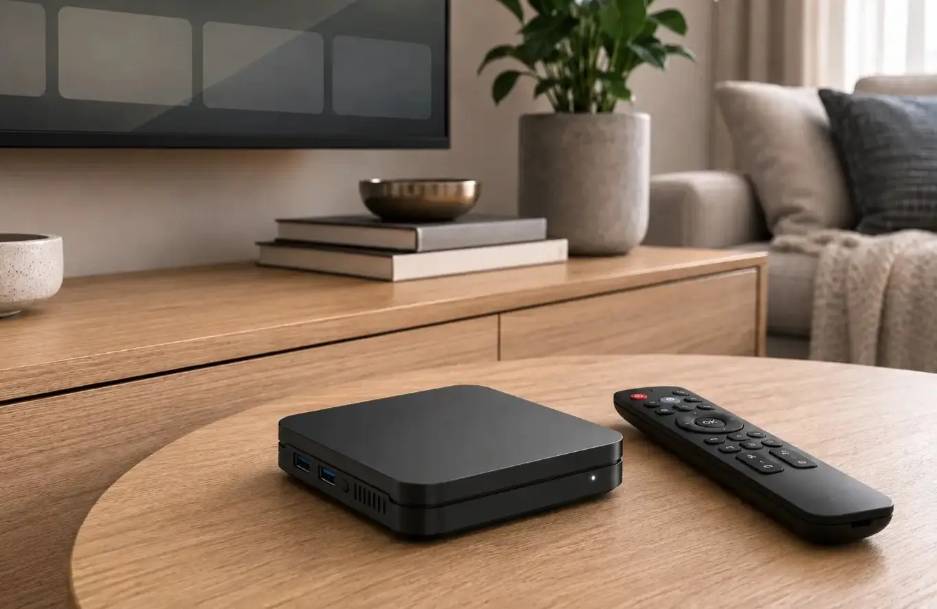 Fernseher mit externer Streaming-Hardware auf einem Sideboard